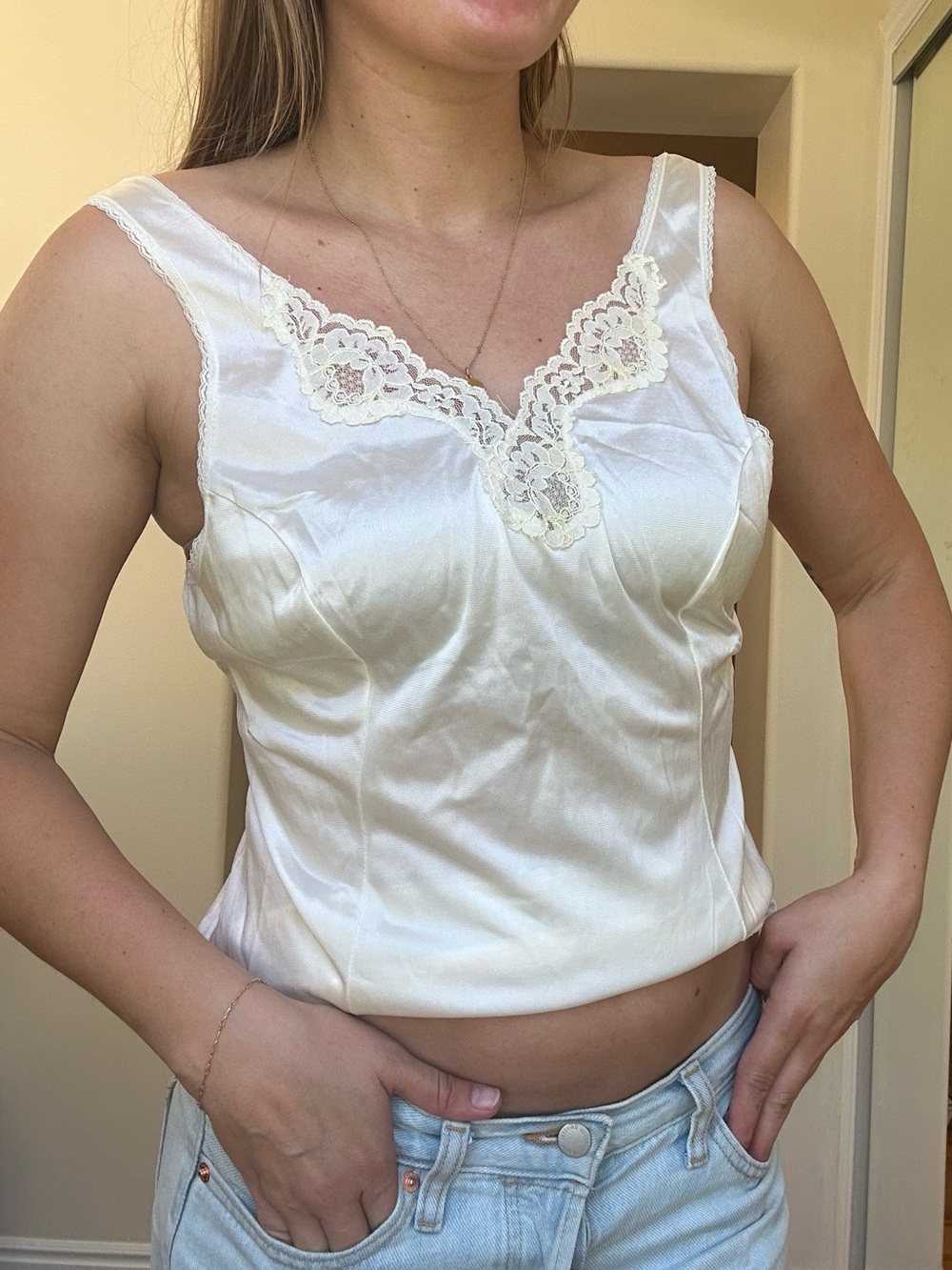 Vintage Cream Satin Lace Trim Tank Top